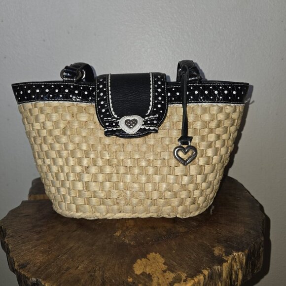 Brighton Straw & Black Leather Woven Tote Bag Heart Charm Polka Dot Trim Purse - Picture 11 of 16